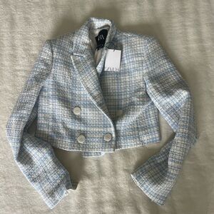 Zara Women's Chic Blue and White Checkered Blazer